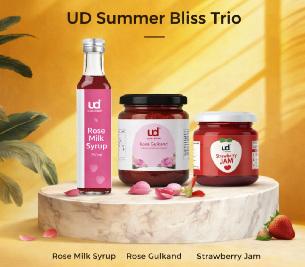 UD Summer Bliss Trio with Rose Milk Syrup, Rose Gulkand, and Strawberry Jam on a yellow background.
